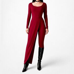 Red Long Sleeve Casual Knit Midi Bodycon Dress Skinny Legging Pants Set Size M